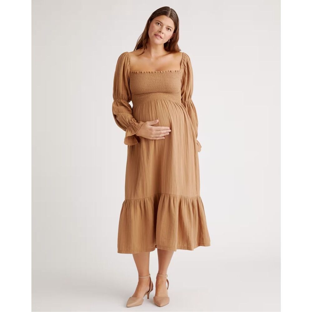 Quince Camel Brown Long Sleeve Smocked Maxi Dress